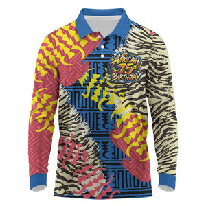 Personalized African 75th Birthday Long Sleeve Polo Shirt Colorful Tribal Striped Heritage Art