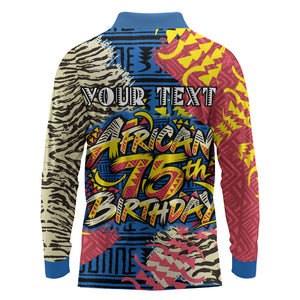 Personalized African 75th Birthday Long Sleeve Polo Shirt Colorful Tribal Striped Heritage Art