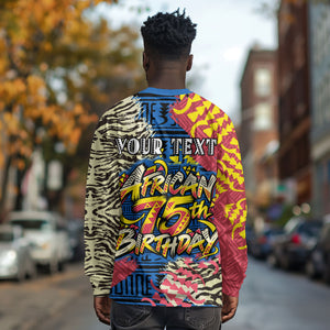 Personalized African 75th Birthday Long Sleeve Shirt Colorful Tribal Striped Heritage Art