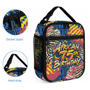 Personalized African 75th Birthday Lunch Bag Colorful Tribal Striped Heritage Art