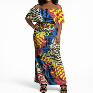 Personalized African 75th Birthday Off Shoulder Maxi Dress Colorful Tribal Striped Heritage Art