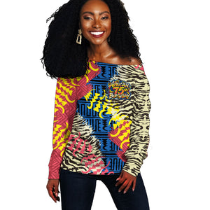 Personalized African 75th Birthday Off Shoulder Sweater Colorful Tribal Striped Heritage Art