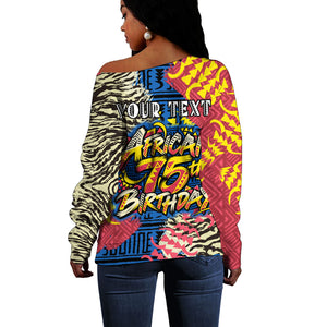 Personalized African 75th Birthday Off Shoulder Sweater Colorful Tribal Striped Heritage Art