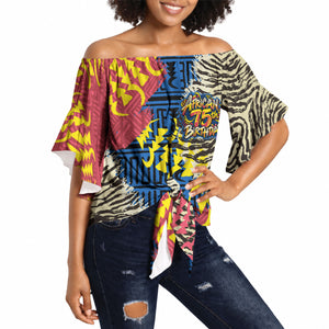 Personalized African 75th Birthday Off Shoulder Wrap Waist Top Colorful Tribal Striped Heritage Art