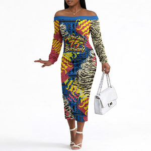 Personalized African 75th Birthday Off The Shoulder Long Sleeve Dress Colorful Tribal Striped Heritage Art