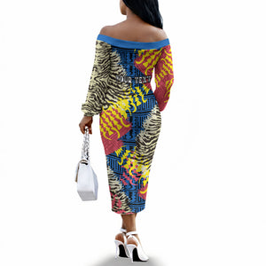 Personalized African 75th Birthday Off The Shoulder Long Sleeve Dress Colorful Tribal Striped Heritage Art