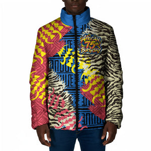 Personalized African 75th Birthday Padded Jacket Colorful Tribal Striped Heritage Art