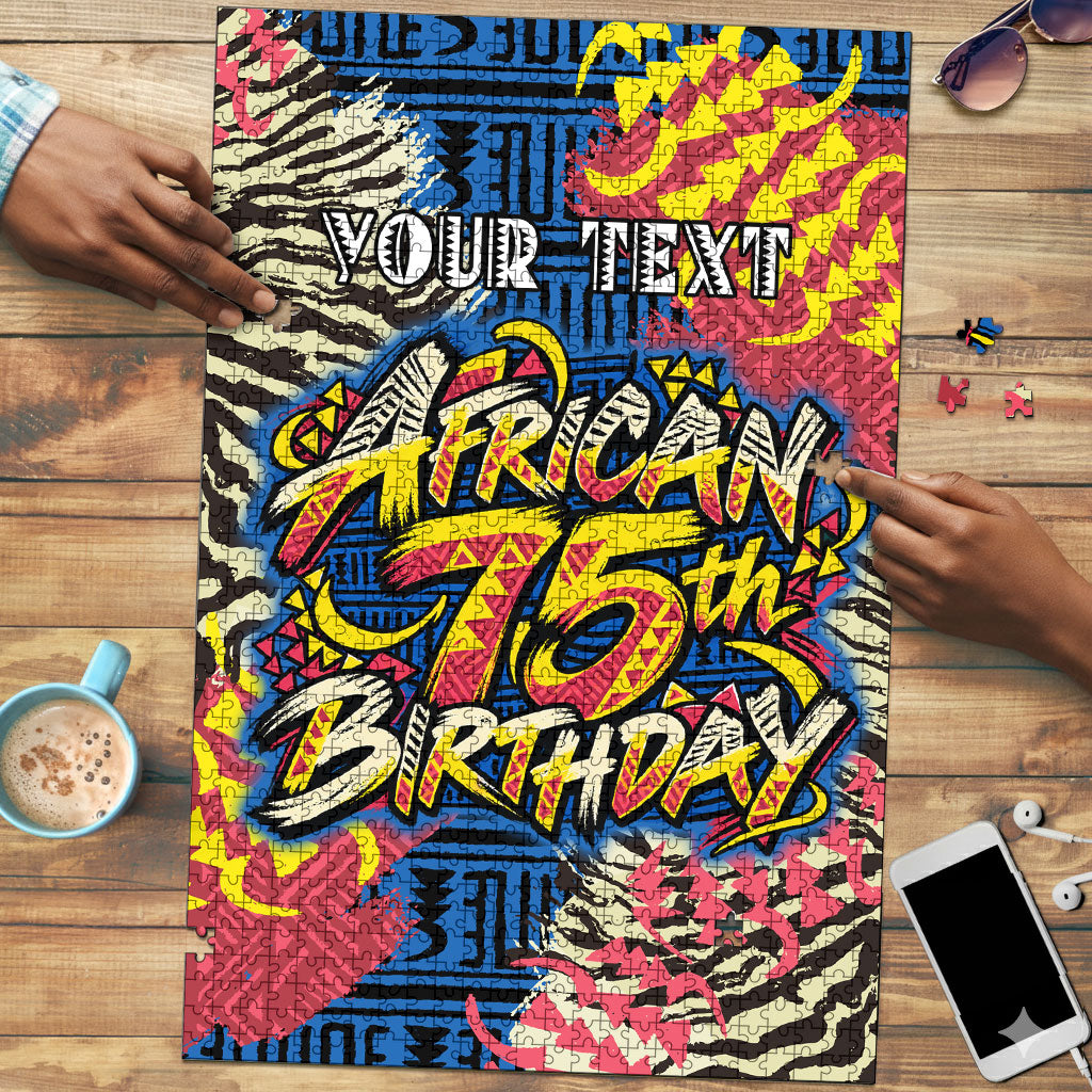 Personalized African 75th Birthday Puzzle Colorful Tribal Striped Heritage Art