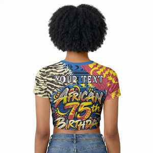 Personalized African 75th Birthday Raglan Cropped T shirt Colorful Tribal Striped Heritage Art
