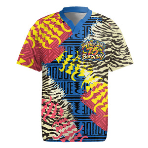 Personalized African 75th Birthday Rugby Jersey Colorful Tribal Striped Heritage Art
