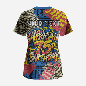 Personalized African 75th Birthday Scrub Top Colorful Tribal Striped Heritage Art