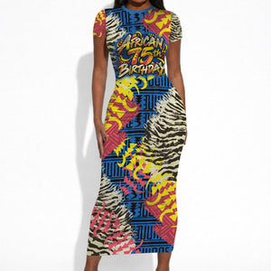 Personalized African 75th Birthday Short Sleeve Bodycon Dress Colorful Tribal Striped Heritage Art