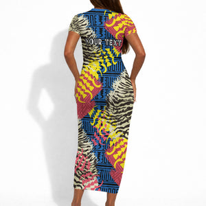 Personalized African 75th Birthday Short Sleeve Bodycon Dress Colorful Tribal Striped Heritage Art