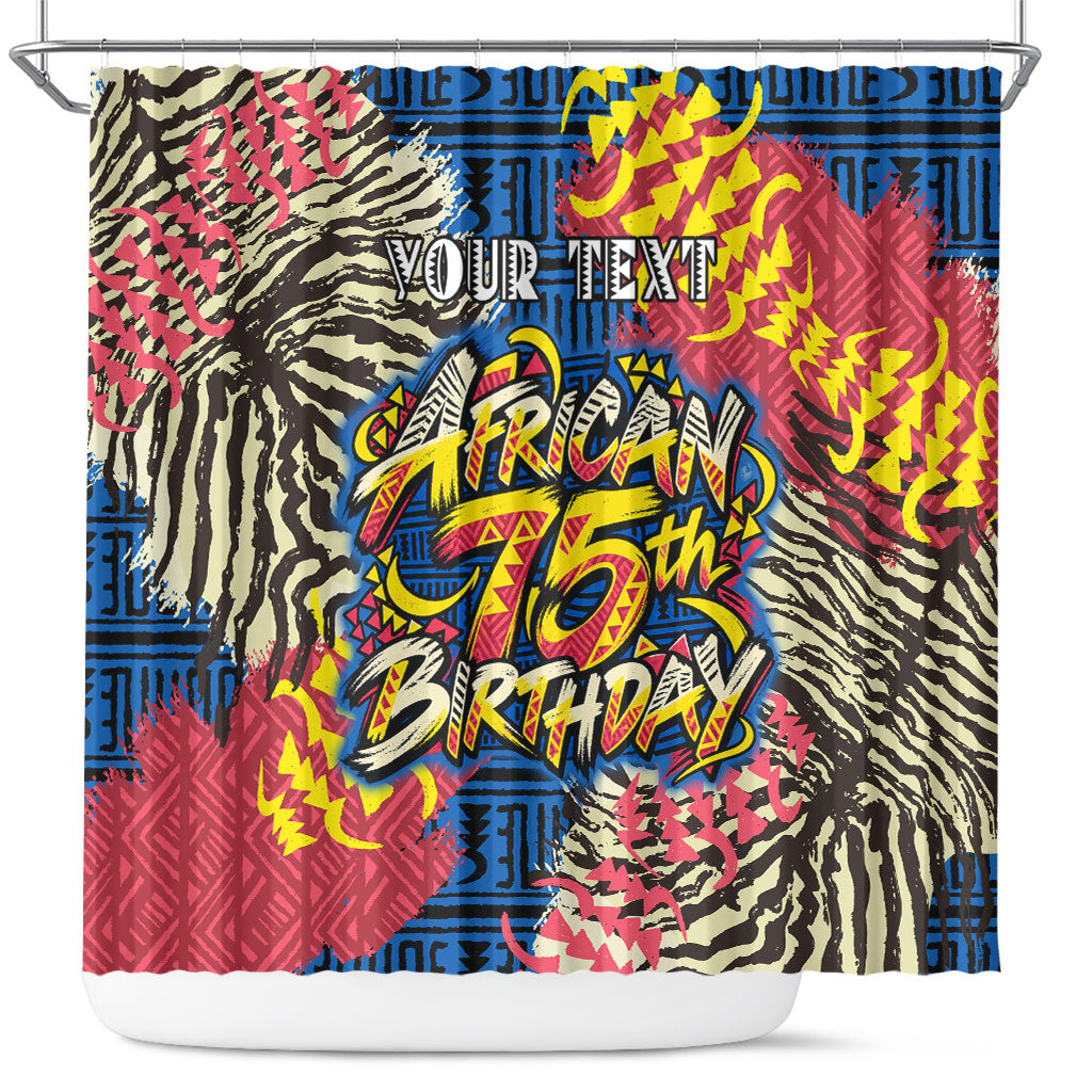 Personalized African 75th Birthday Shower Curtain Colorful Tribal Striped Heritage Art