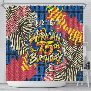 Personalized African 75th Birthday Shower Curtain Colorful Tribal Striped Heritage Art