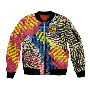 Personalized African 75th Birthday Sleeve Zip Bomber Jacket Colorful Tribal Striped Heritage Art