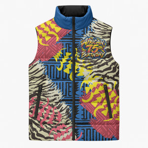 Personalized African 75th Birthday Sleeveless Puffer Jacket Colorful Tribal Striped Heritage Art