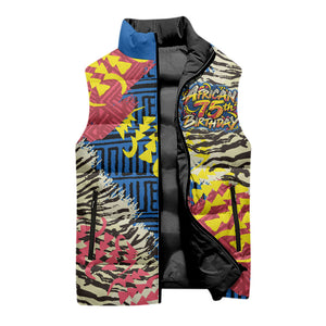 Personalized African 75th Birthday Sleeveless Puffer Jacket Colorful Tribal Striped Heritage Art