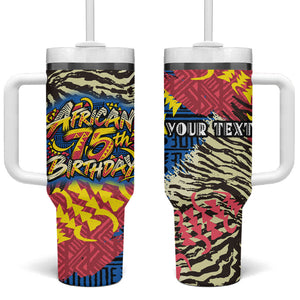 Personalized African 75th Birthday Tumbler With Handle Colorful Tribal Striped Heritage Art