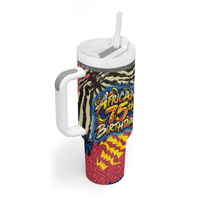 Personalized African 75th Birthday Tumbler With Handle Colorful Tribal Striped Heritage Art