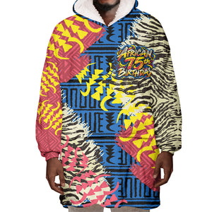 Personalized African 75th Birthday Wearable Blanket Hoodie Colorful Tribal Striped Heritage Art