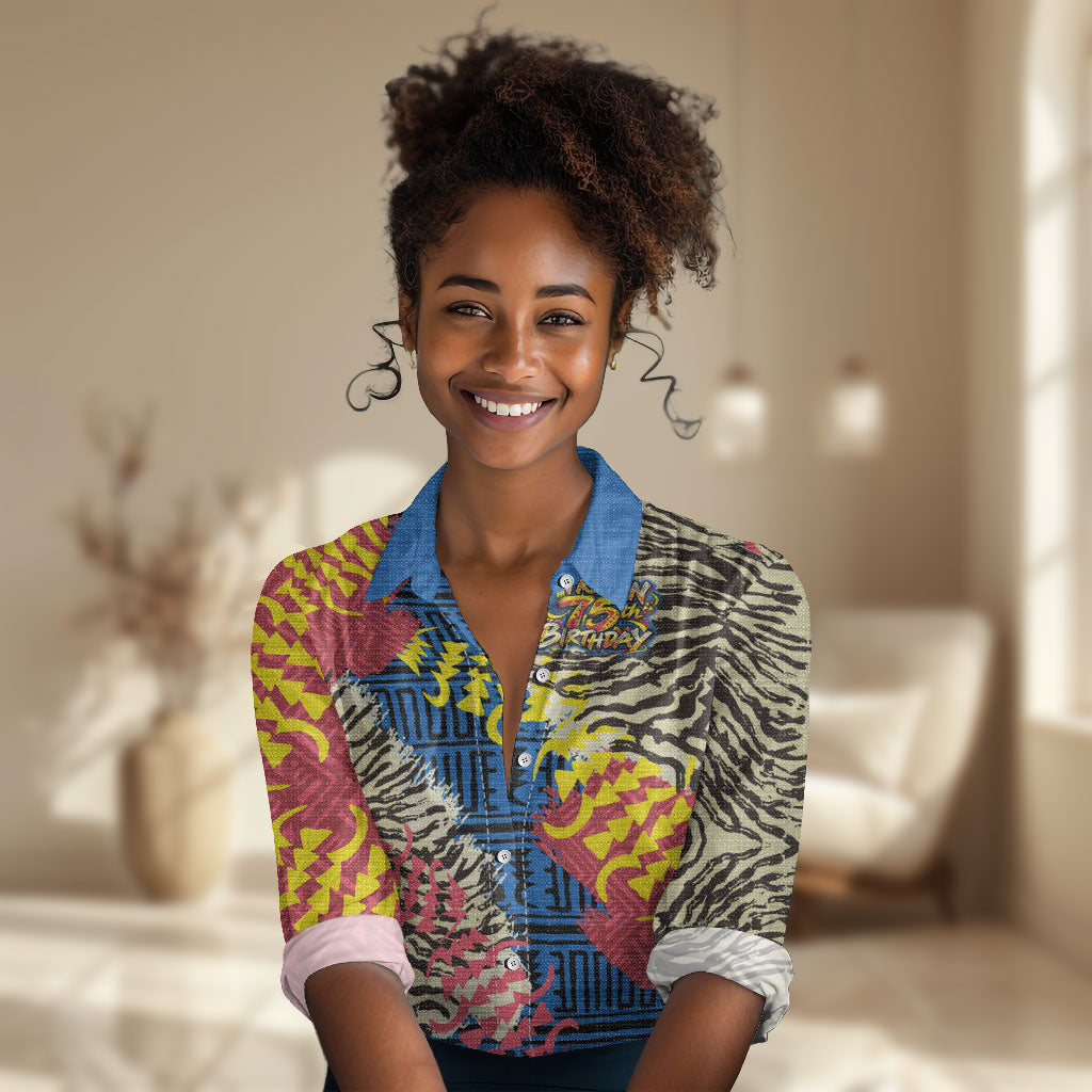 Personalized African 75th Birthday Women Casual Shirt Colorful Tribal Striped Heritage Art