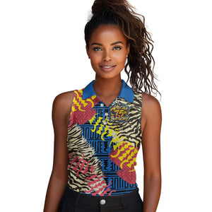 Personalized African 75th Birthday Women Sleeveless Polo Shirt Colorful Tribal Striped Heritage Art