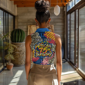 Personalized African 75th Birthday Women Sleeveless Polo Shirt Colorful Tribal Striped Heritage Art
