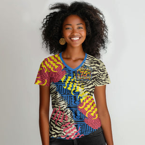 Personalized African 75th Birthday Women V-Neck T-Shirt Colorful Tribal Striped Heritage Art