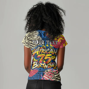 Personalized African 75th Birthday Women V-Neck T-Shirt Colorful Tribal Striped Heritage Art