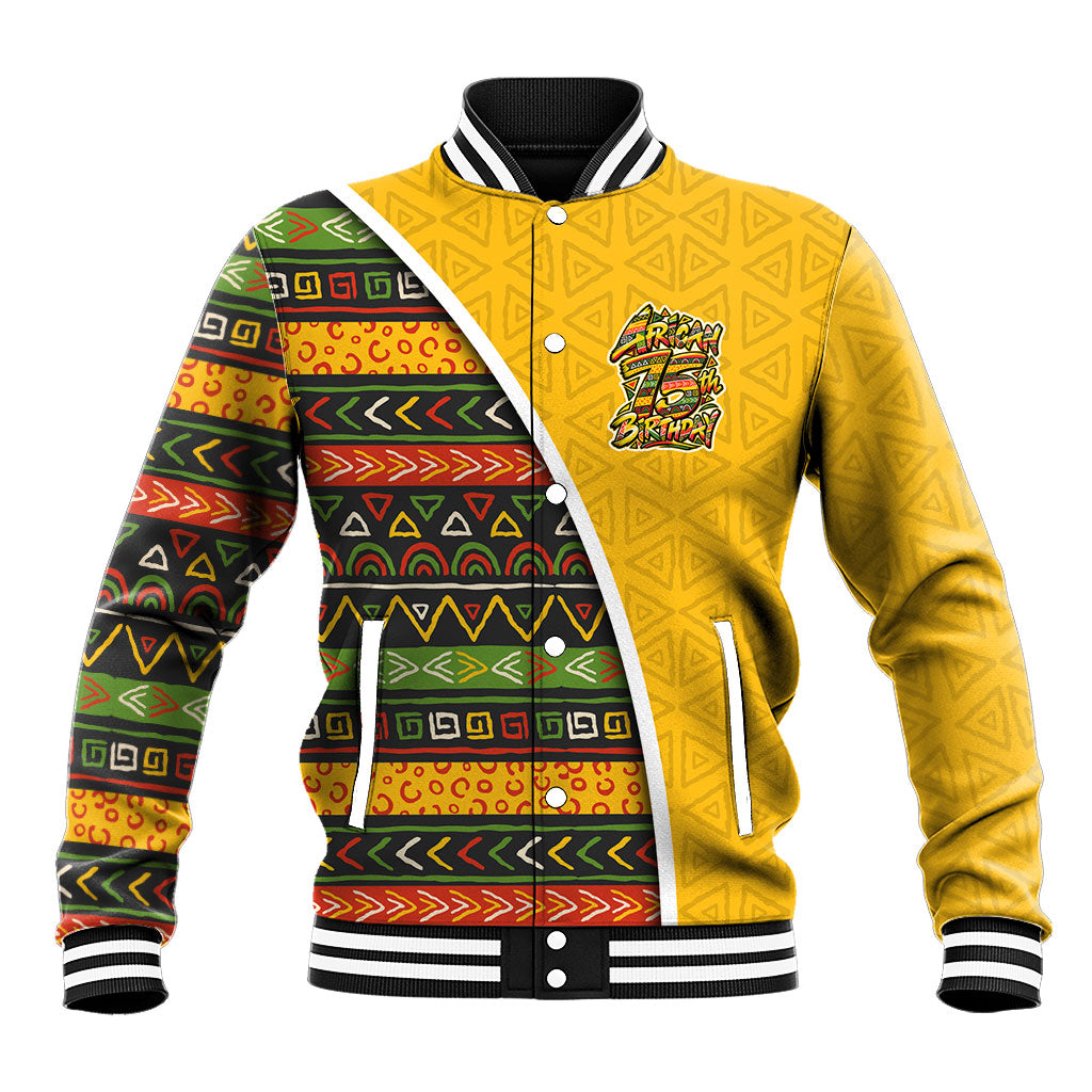 Personalized African 75th Birthday Baseball Jacket Colorful Tribal Geometric Heritage Pattern