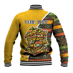 Personalized African 75th Birthday Baseball Jacket Colorful Tribal Geometric Heritage Pattern
