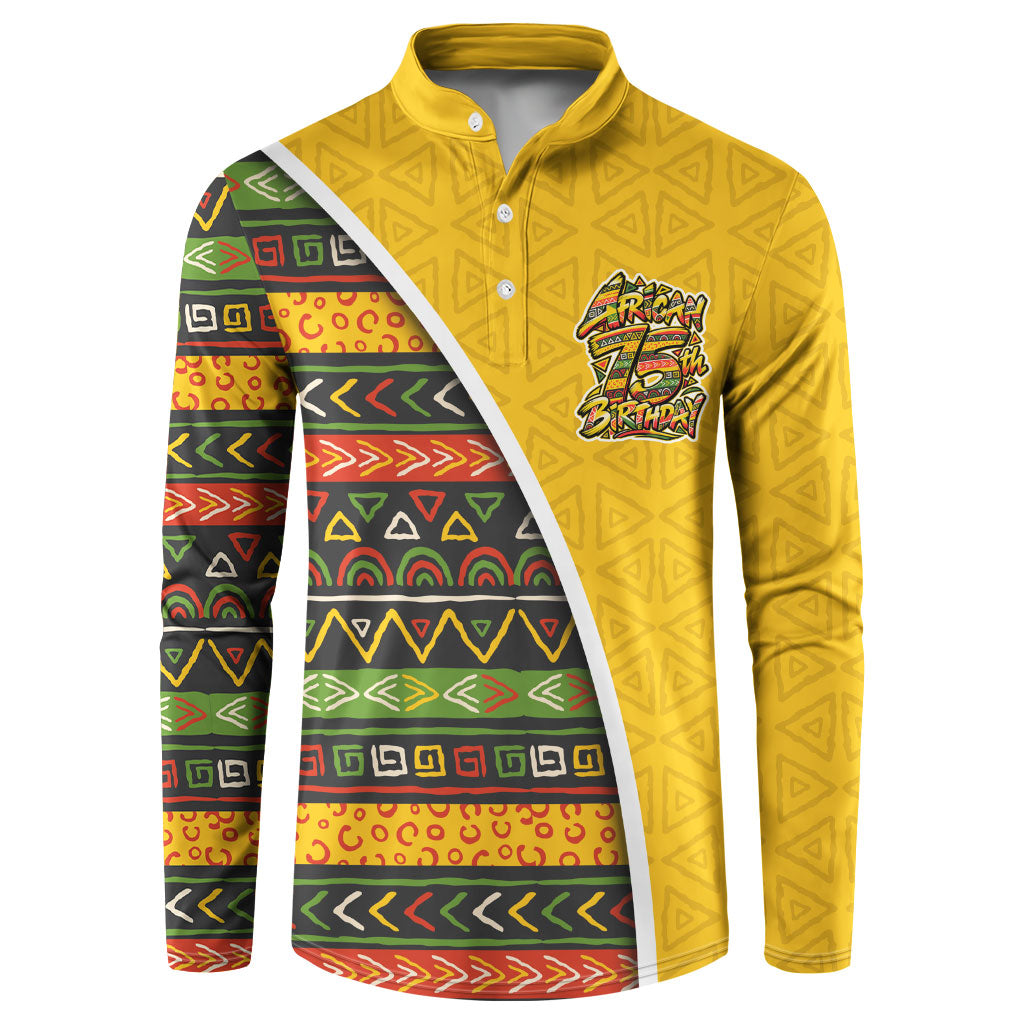 Personalized African 75th Birthday Button Sweatshirt Colorful Tribal Geometric Heritage Pattern