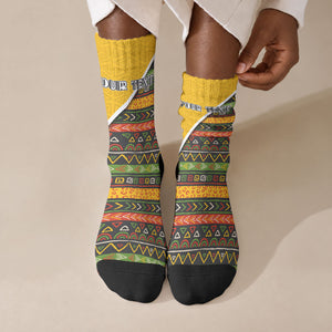Personalized African 75th Birthday Crew Socks Colorful Tribal Geometric Heritage Pattern