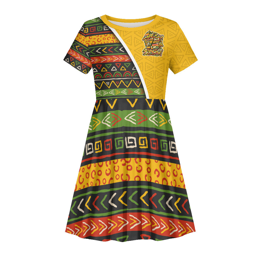 Personalized African 75th Birthday Kid Short Sleeve Dress Colorful Tribal Geometric Heritage Pattern