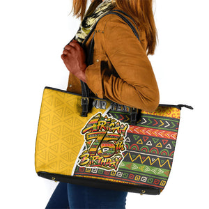 Personalized African 75th Birthday Leather Tote Bag Colorful Tribal Geometric Heritage Pattern