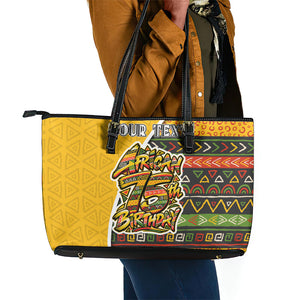 Personalized African 75th Birthday Leather Tote Bag Colorful Tribal Geometric Heritage Pattern