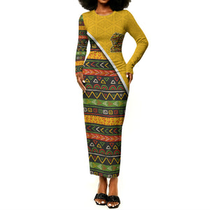 Personalized African 75th Birthday Long Sleeve Bodycon Dress Colorful Tribal Geometric Heritage Pattern