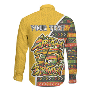 Personalized African 75th Birthday Long Sleeve Button Shirt Colorful Tribal Geometric Heritage Pattern