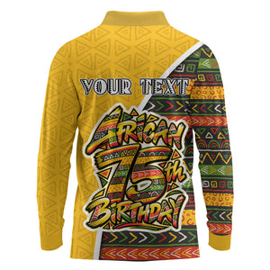 Personalized African 75th Birthday Long Sleeve Polo Shirt Colorful Tribal Geometric Heritage Pattern