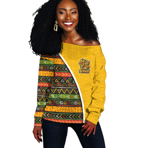 Personalized African 75th Birthday Off Shoulder Sweater Colorful Tribal Geometric Heritage Pattern