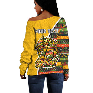 Personalized African 75th Birthday Off Shoulder Sweater Colorful Tribal Geometric Heritage Pattern