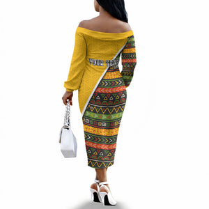 Personalized African 75th Birthday Off The Shoulder Long Sleeve Dress Colorful Tribal Geometric Heritage Pattern
