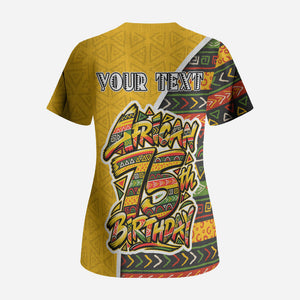 Personalized African 75th Birthday Scrub Top Colorful Tribal Geometric Heritage Pattern