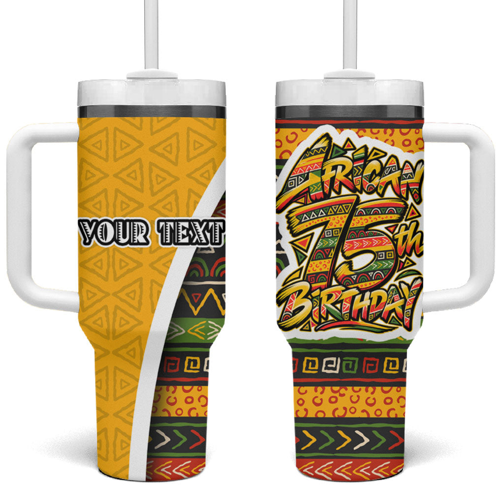 Personalized African 75th Birthday Tumbler With Handle Colorful Tribal Geometric Heritage Pattern