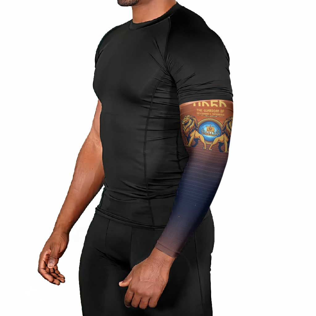 Aker Arm Sleeves Ancient Egyptian Sunset Gradient, Twin Lion Guardians, and Solar Disc - African Pride
