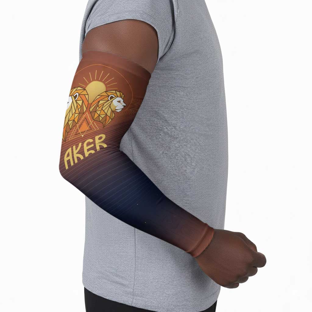 Aker Arm Sleeves Ancient Egyptian Sunset Gradient, Twin Lion Guardians, and Solar Disc - African Pride