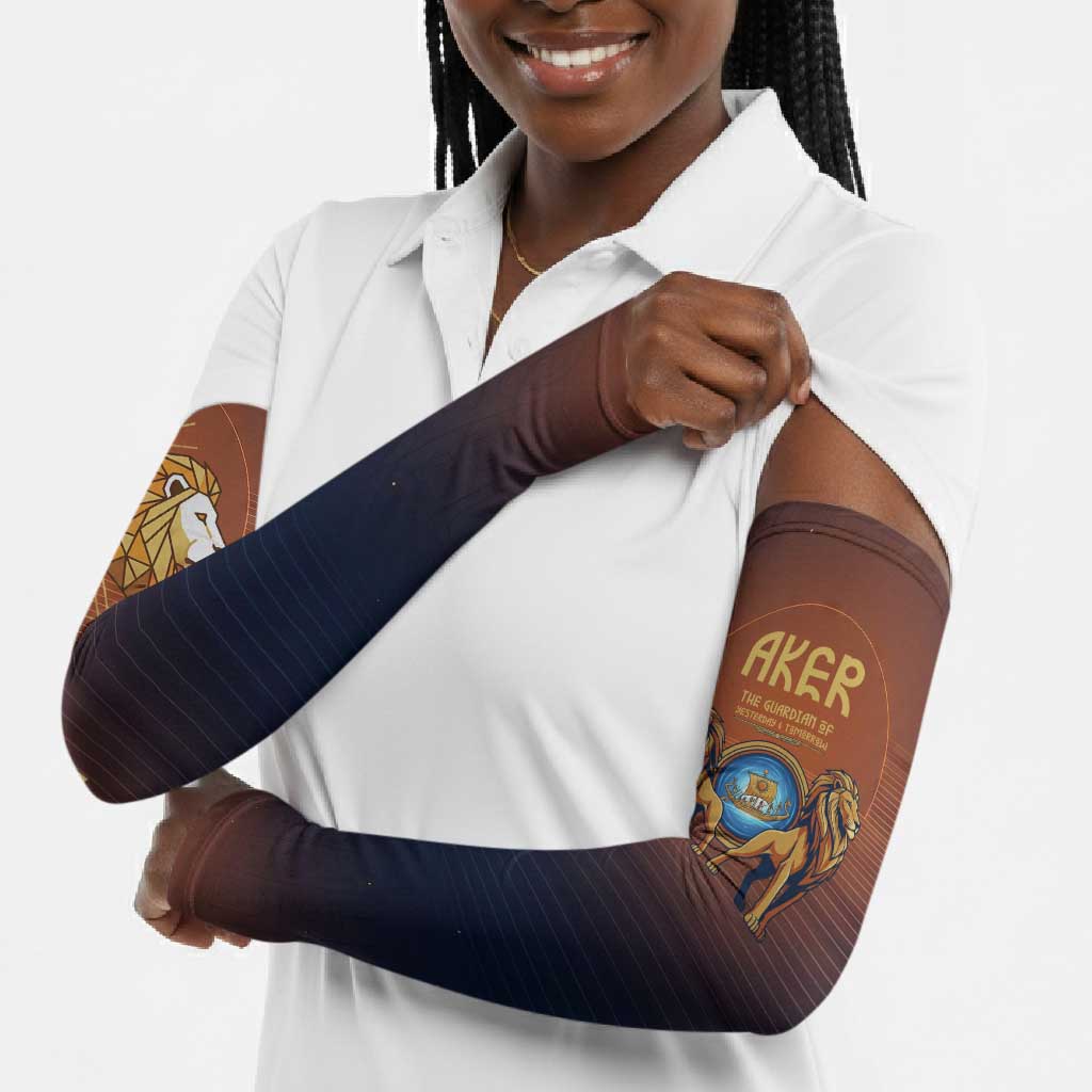 Aker Arm Sleeves Ancient Egyptian Sunset Gradient, Twin Lion Guardians, and Solar Disc - African Pride