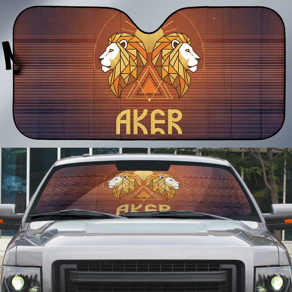 Aker Auto Sun Shade Ancient Egyptian Sunset Gradient, Twin Lion Guardians, and Solar Disc - African Pride