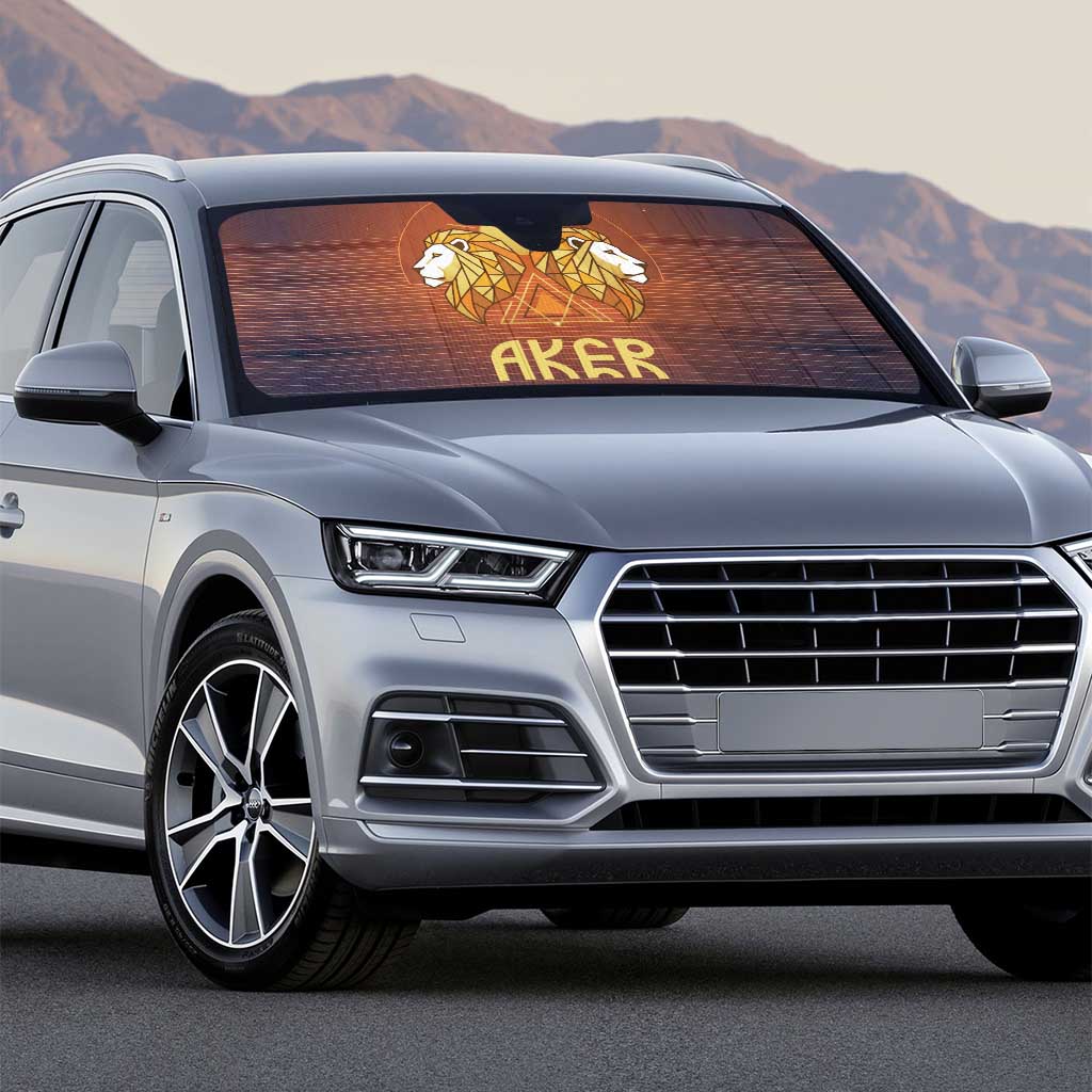 Aker Auto Sun Shade Ancient Egyptian Sunset Gradient, Twin Lion Guardians, and Solar Disc - African Pride